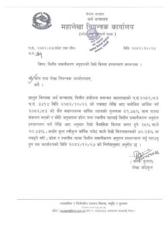 वित्तीय समानीकरण अनुदानको तेस्रो किस्ता हस्तान्तरण सम्बन्धमा।