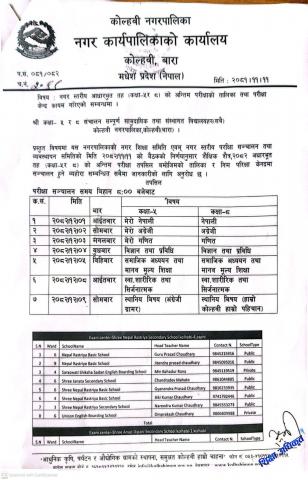 नगर स्तरीय आधारभूत तह कक्षा ५ र ८ को अन्तिम परीक्षाको तालिका तथा परीक्षा केन्द्र कायम गरिएको सूचना